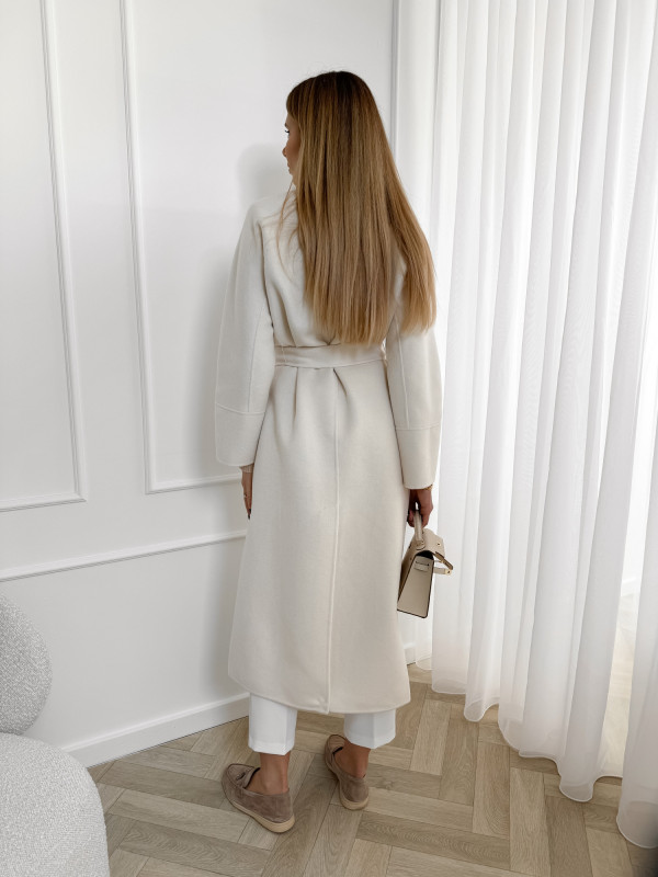 Płaszcz z wełną handmade wiązany ecru LEONARDO 3