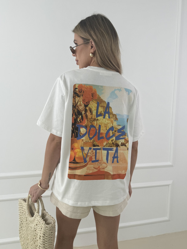 T-shirt z nadrukiem biały LA DOLCE VITA