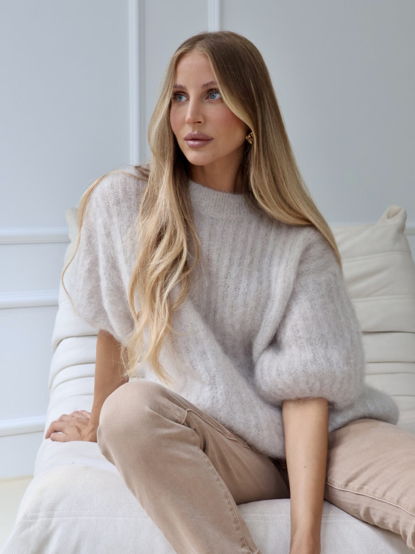 Sweter prążkowany 81% kid moher premium chłodny beż LON