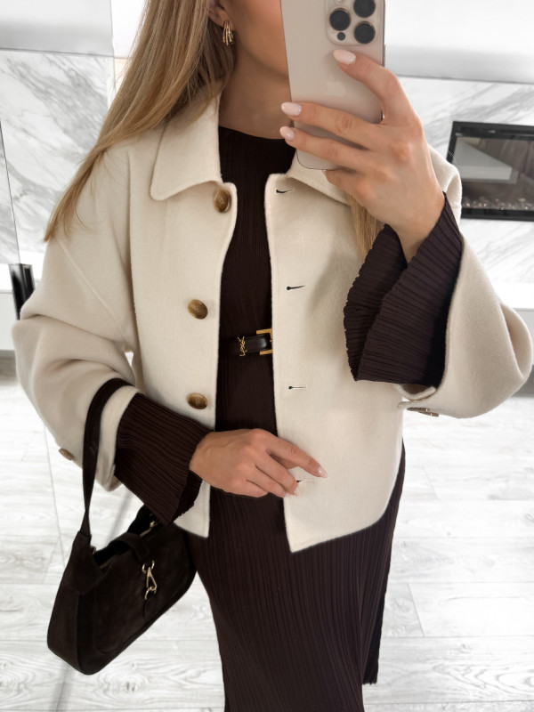 Płaszcz krótki z wełną handmade ecru BLANC