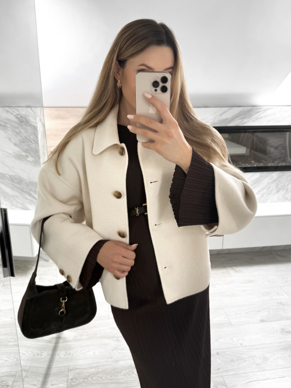 Płaszcz krótki z wełną handmade ecru BLANC 8