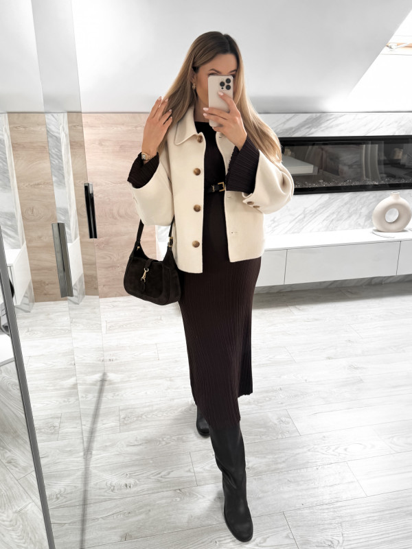 Płaszcz krótki z wełną handmade ecru BLANC 10