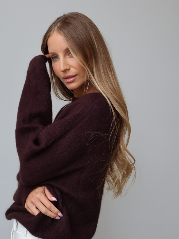 Sweter premium z super kid moherem i wełną merino gorzka czekolada RODEZ 4