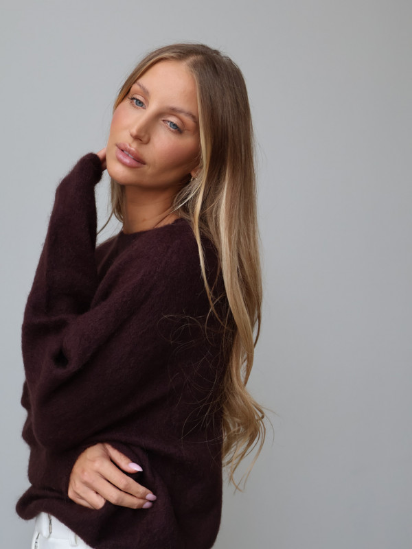 Sweter premium z super kid moherem i wełną merino gorzka czekolada RODEZ 5