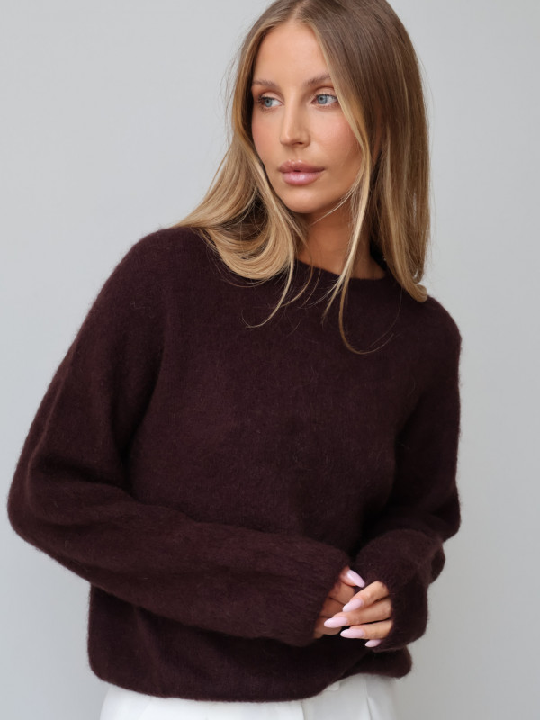Sweter premium z super kid moherem i wełną merino gorzka czekolada RODEZ