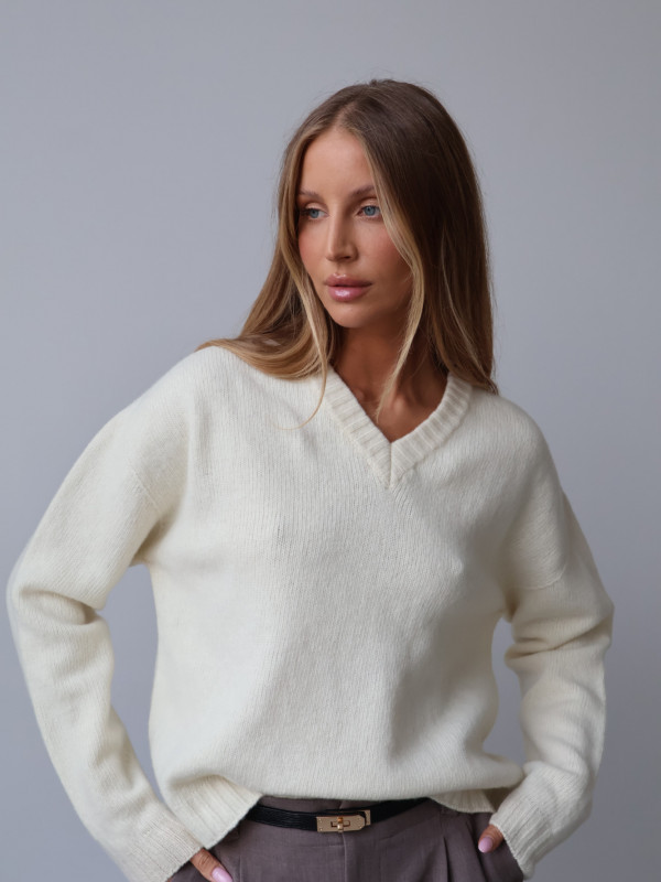 Sweter z dekoltem V 100% wełna merino premium śmietanka SELINE 4