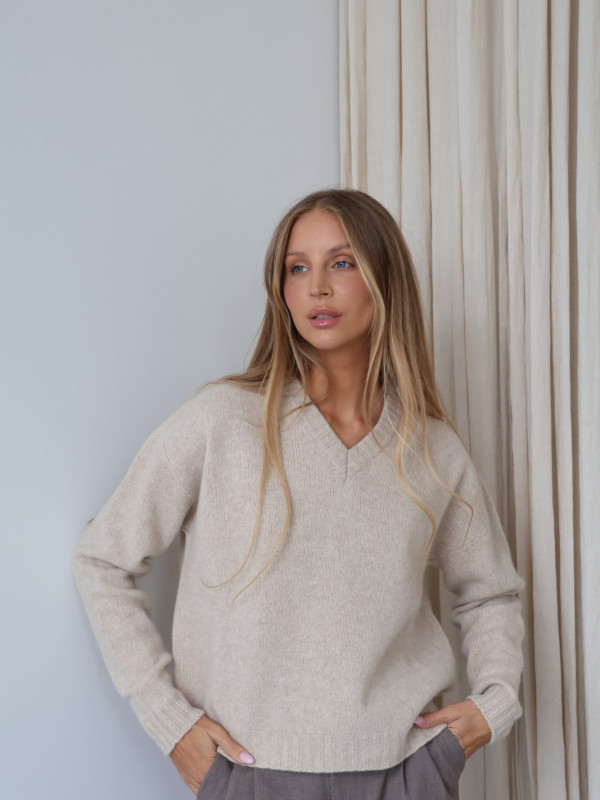 Sweter z dekoltem V 100% wełna merino premium beż SELINE 1
