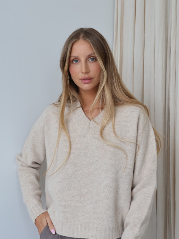 Sweter z dekoltem V 100% wełna merino premium beż SELINE 5