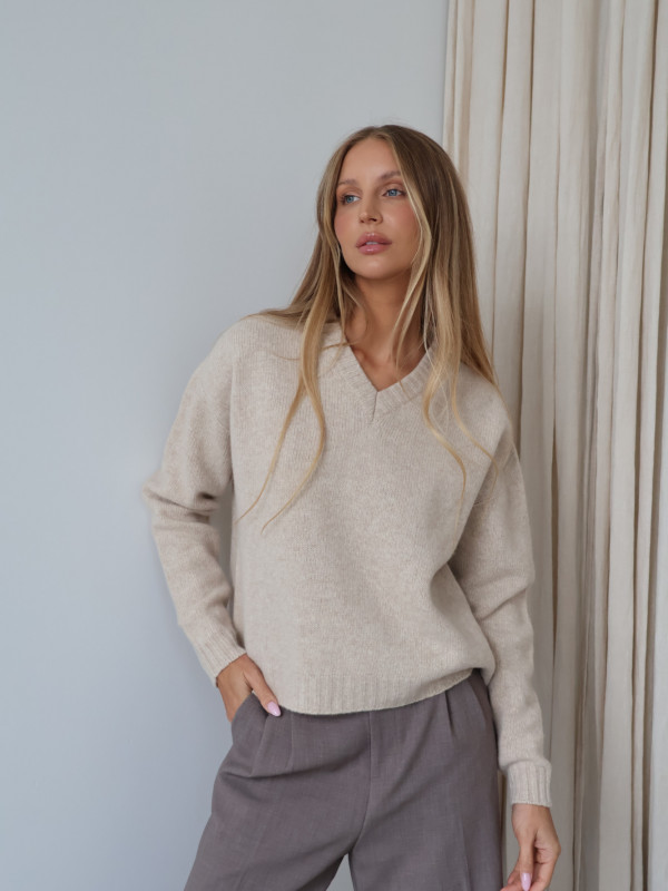 Sweter z dekoltem V 100% wełna merino premium beż SELINE