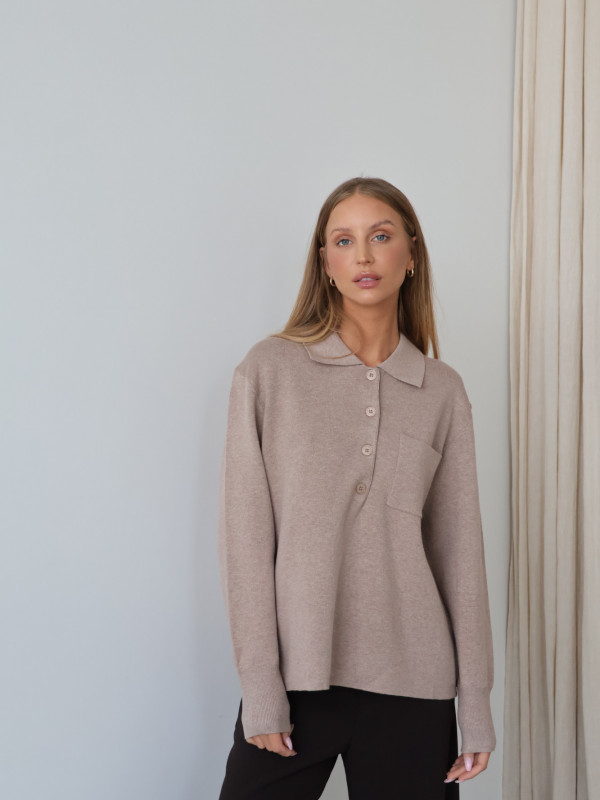 Sweter polo z guzikami taupe MONS 1