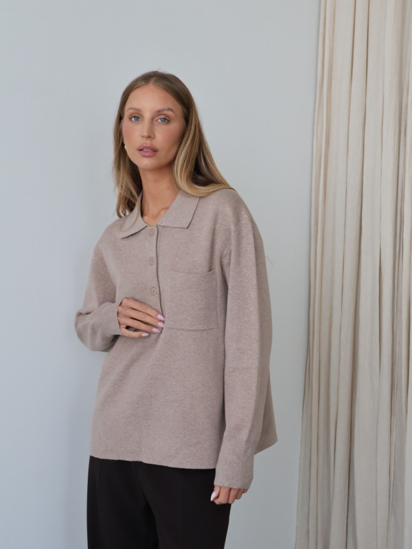 Sweter polo z guzikami taupe MONS 2