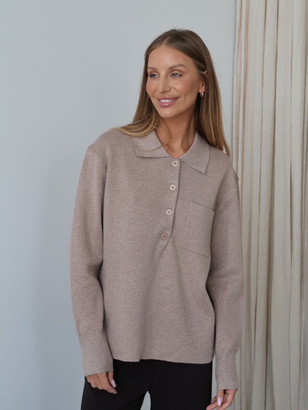 Sweter polo z guzikami taupe MONS 4