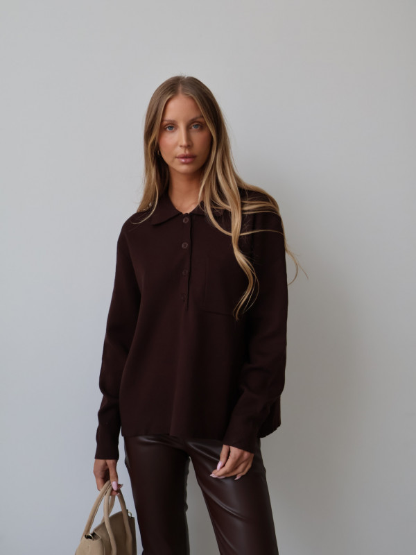 Sweter polo z guzikami czekolada MONS 1