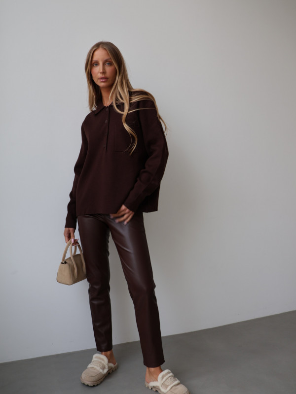 Sweter polo z guzikami czekolada MONS 3