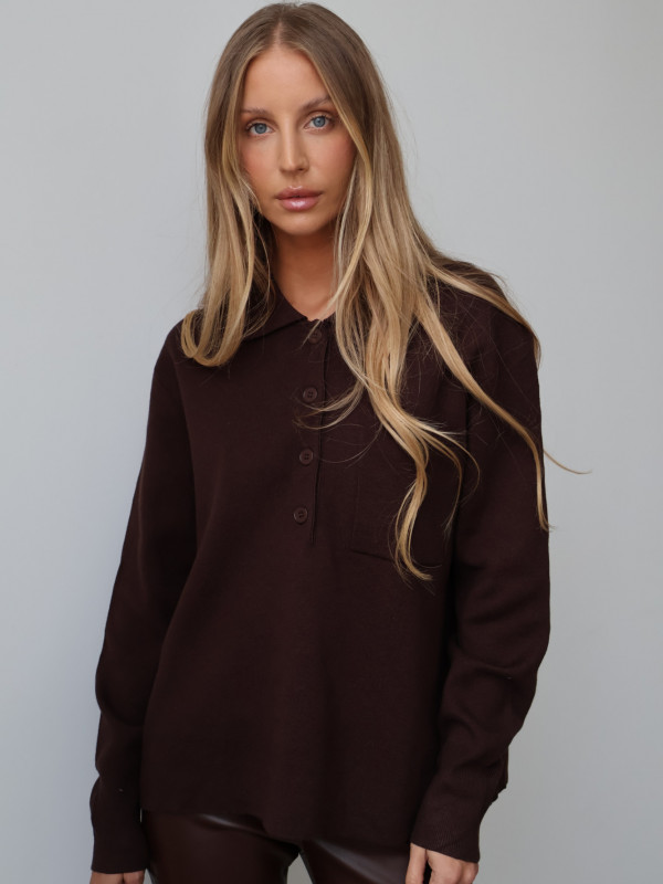 Sweter polo z guzikami czekolada MONS 4