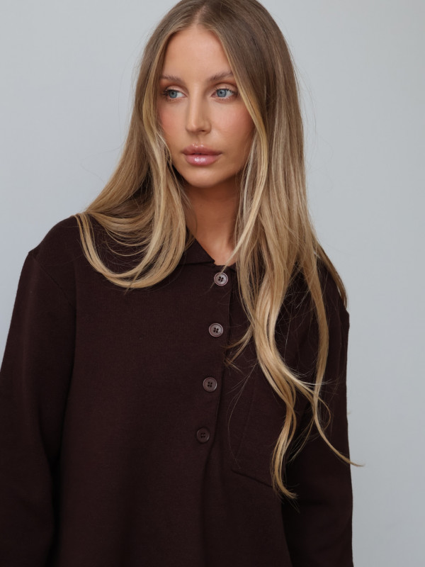 Sweter polo z guzikami czekolada MONS 6