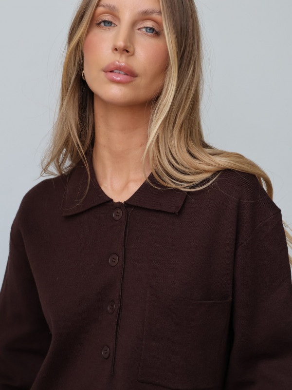 Sweter polo z guzikami czekolada MONS 9