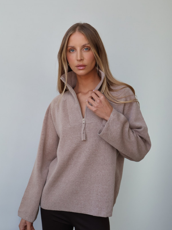 Sweter polo z zamkiem taupe ARLON