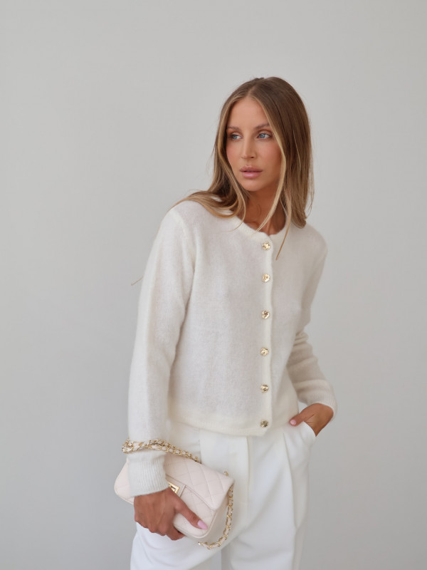 Kardigan z kid moherem i wełną merino premium ze złotymi guzikami premium śmietanka AURE 1