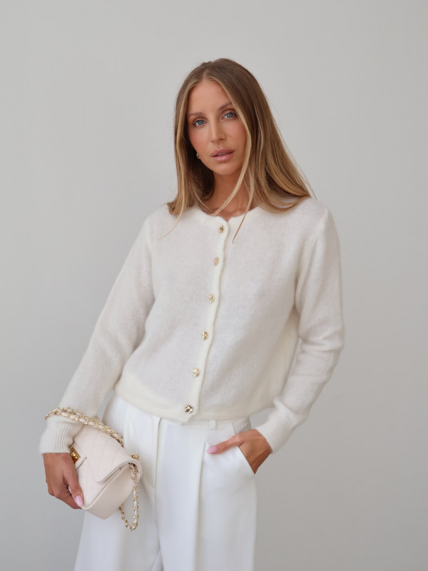 Kardigan z kid moherem i wełną merino premium ze złotymi guzikami premium śmietanka AURE 2