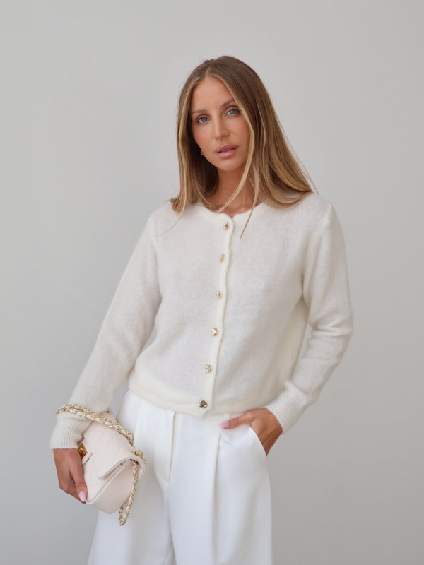 Kardigan z kid moherem i wełną merino premium ze złotymi guzikami premium śmietanka AURE 3