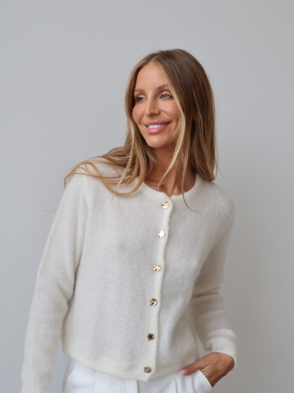 Kardigan z kid moherem i wełną merino premium ze złotymi guzikami premium śmietanka AURE 8