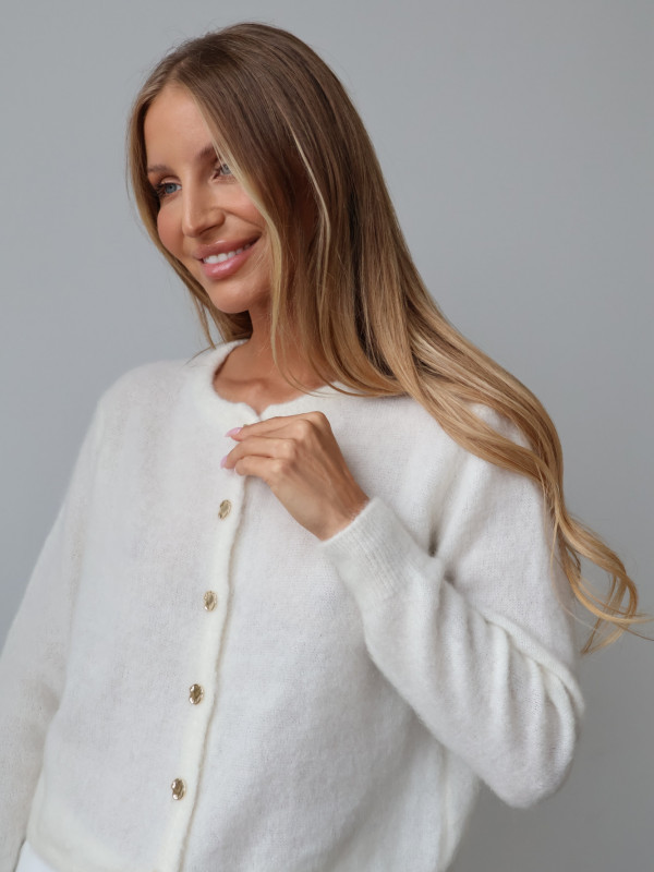 Kardigan z kid moherem i wełną merino premium ze złotymi guzikami premium śmietanka AURE 11