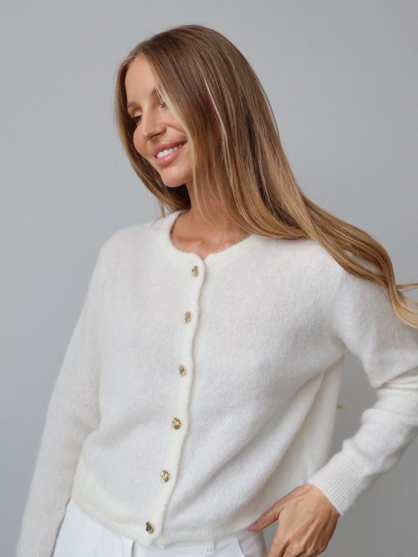 Kardigan z kid moherem i wełną merino premium ze złotymi guzikami premium śmietanka AURE 12