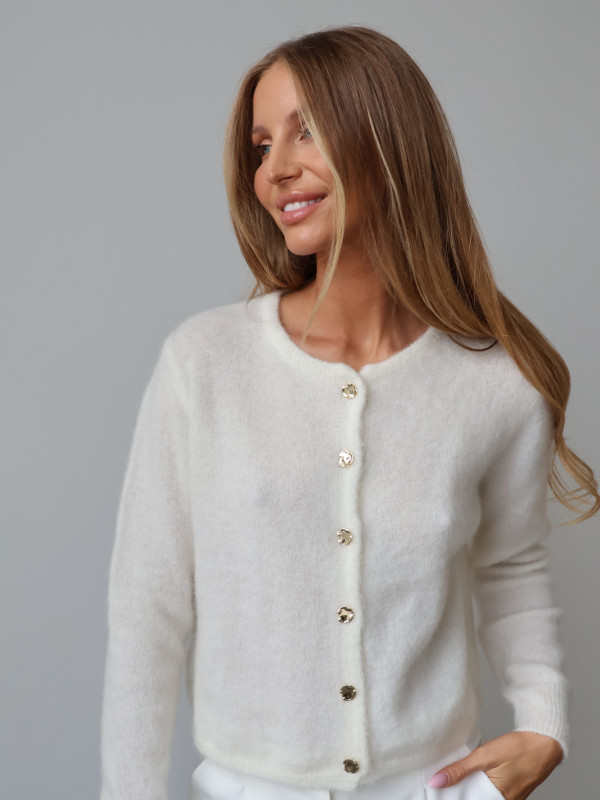 Kardigan z kid moherem i wełną merino premium ze złotymi guzikami premium śmietanka AURE