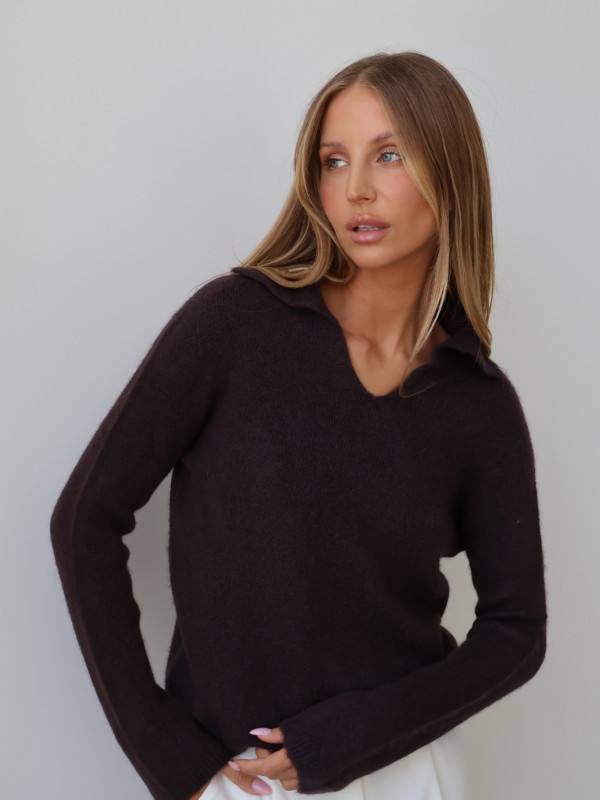 Sweter z baby alpaką polo gorzka czekolada LIVIGNO 1