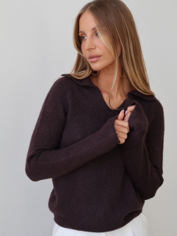 Sweter z baby alpaką polo gorzka czekolada LIVIGNO 3