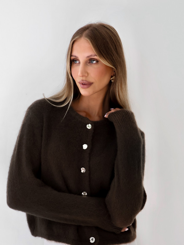 Kardigan z kid moherem i wełną merino premium ze złotymi guzikami premium gorzka czekolada AURE 1
