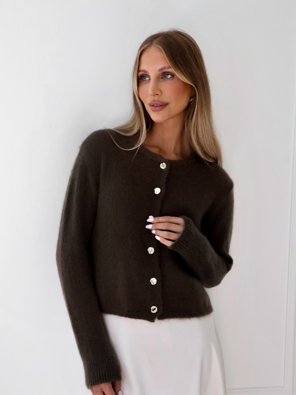 Kardigan z kid moherem i wełną merino premium ze złotymi guzikami premium gorzka czekolada AURE 3